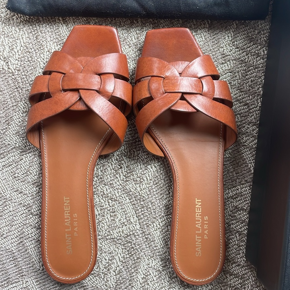 Saint Laurent Brown Leather Woven Slide Sandals - Picture 2 of 6